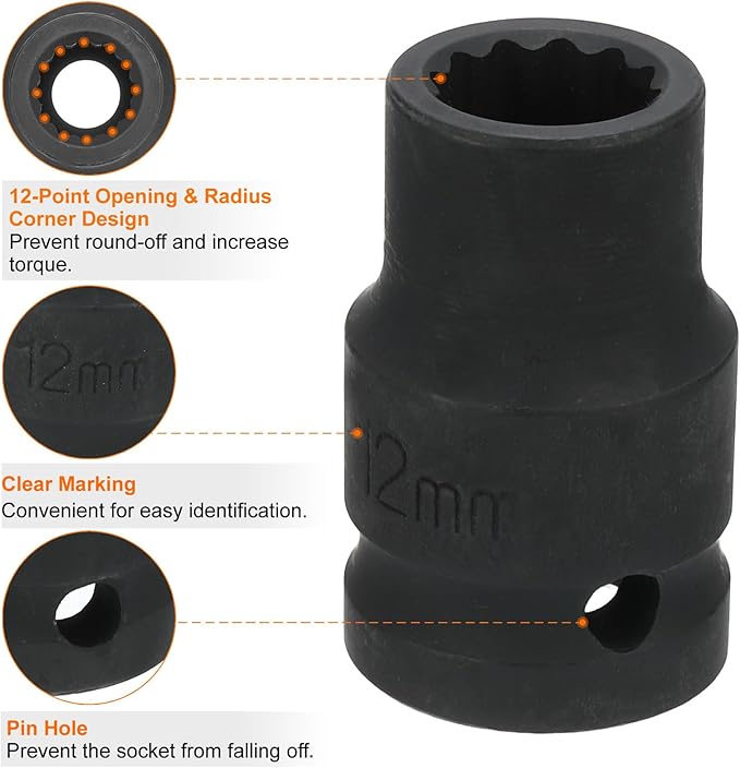 HARFINGTON 12-Point Impact Socket 1/2 Inch Drive 12mm Metric Cr-V Shallow Impact Socket Nut Driver Wrench for Auto Repair