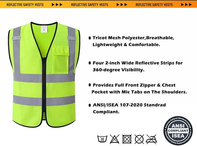 Hi Vis Reflective Safety Vest for Men Women Work,Mesh High Visibility Class 2 Construction Vest with Chest Pocket and Zipper Front,Meets ANSI/ISEA Standard (KZ179-Yellow-S)