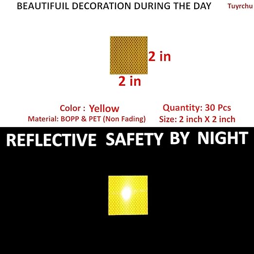 Yellow Reflective Stickers 2 inch X 2 inch, Outdoor Waterproof High Visibility Warning Safety Adhesive Reflector Tape (30 Pcs)