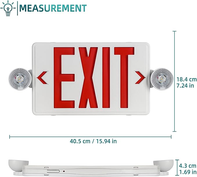 Exit Sign with Emergency Light, Commercial Exit Signs，Red Emergency Exit Light, 2 Adjustable Heads,Combo for Business, 120V/277V AC, UL-Listed, 2 Pack