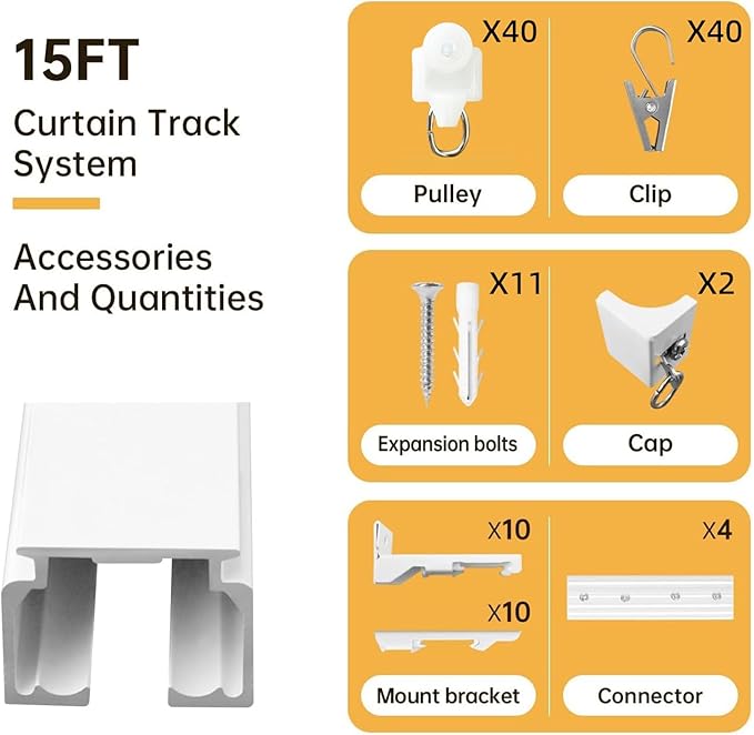 Ceiling Curtain Track - Heavy-Duty Curtains Rails Room Divider Shower RV Tracks Sliding Curtain Rods With Clips, White 15ft