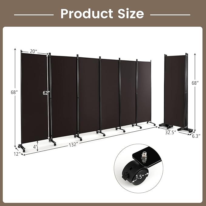 Giantex 6 Panel Room Divider, 132''W x 68''H Large Folding Privacy Screen, Rolling Partition Room Dividers for Home Office Studio Separation, Freestanding Fabric Wall Divider Screen on Wheels, Brown
