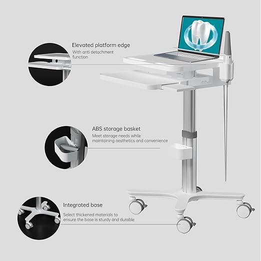 Medical Cart Trolley, Mobile Adjustable Height Dental Cart with Oral Scanner Holder for for Hospital, Dental