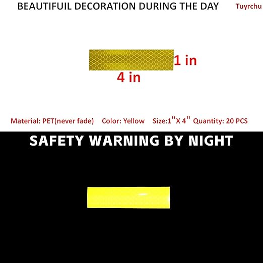 Non Fading Yellow Reflective Stickers 1 inch X 4 inch, Outdoor Waterproof High Visibility Warning Safety Adhesive Reflector Tape (20 Pcs)