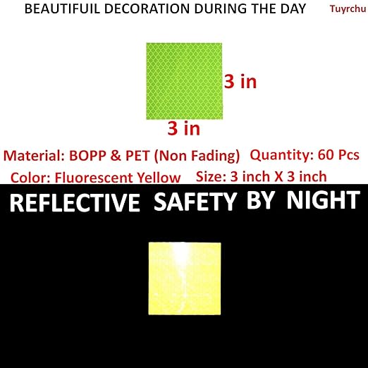 Fluorescent Reflective Stickers 3 inch X 3 inch, Outdoor Waterproof High Visibility Warning Safety Adhesive Reflector (60 Pcs)