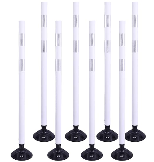 BESEA 8PCS 48" Traffic Delineator Posts with Detachable Base & High-Visibility Reflective Collars,White Durable Flexible Safety Cones for Work Zones, Parking Lots, and Roadways