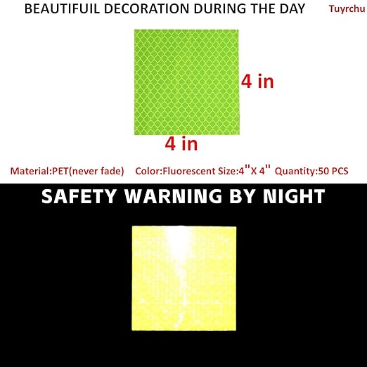 Non Fading Fluorescent Yellow Reflective Stickers 4 inch X 4 inch, Outdoor Waterproof High Visibility Safety Adhesive Reflector (50 Pcs)