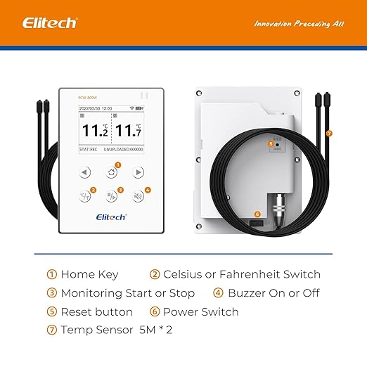 Elitech WiFi 5G/2.4G Digital Temperature Data Logger Remote Real-Time Temperature Monitor Cloud Data Storage SMS/Email/APP/Web Alarm, Dual External Temp Probe 16.4ft, RCW-800W-TDE-5PACK(-40~176℉)