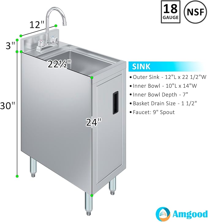 AmGood 22 in. x 12 in. Stainless Steel Underbar Hand Sink with Cabinet Base