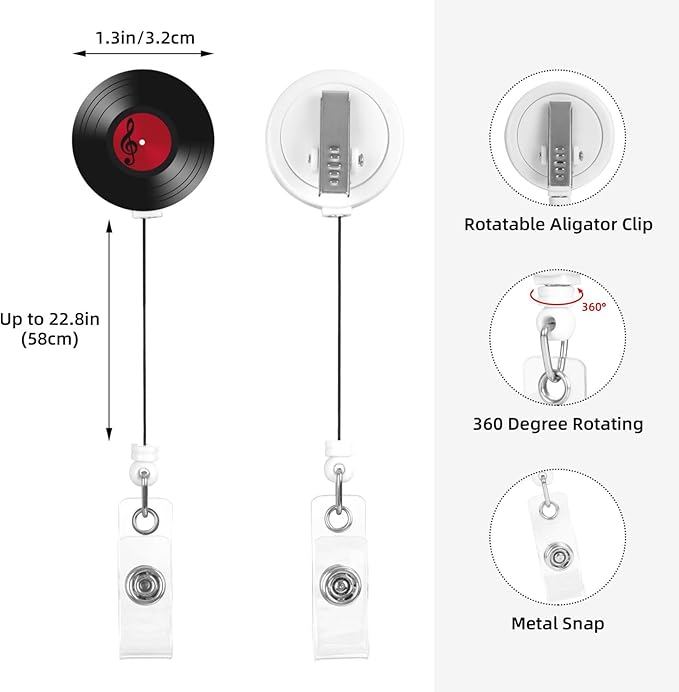 45 RPM Vinyl Records Badge Reels Retractable Badge Holder with Clip for Id Name Tag Office Worker Student Teacher Nurse Doctor