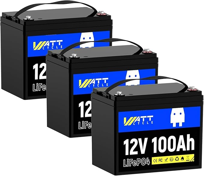 WattCycle 12V 100Ah LiFePO4 Lithium Battery 3 Pack - BCI Group 24, 15000 Cycles, Built-in 100A BMS, Low-Temperature Protection - Ideal for RVs, Golf Cart, Home Energy Storage, Marine (3 Pack)