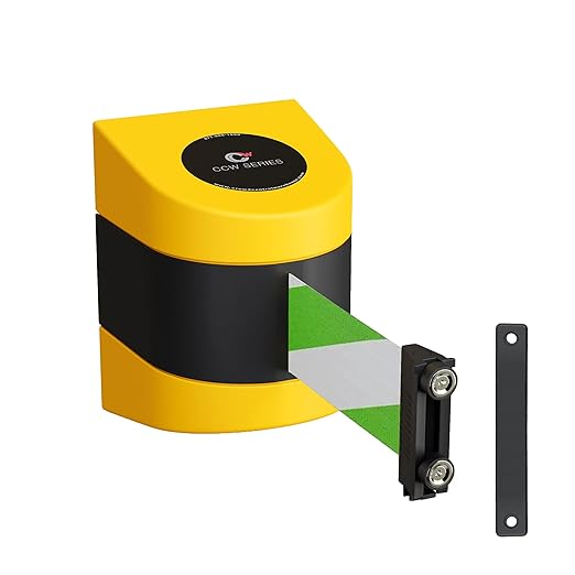Crowd Control Warehouse - CCW Series WMB-220 Magnetic Wall Mount Retractable Belt Barrier - 15 Foot, Green and White Diagonal Belt with Yellow ABS Case