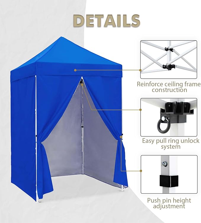 EAGLE PEAK 5x5 Instant Canopy with 4-Side Wall Panels, Small Pop up Portable Canopy Tent with Carry Bag, Light Weight Sun Shelter for Sports, Camping and Beach, Blue