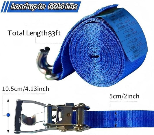 2 Pack Heavy Duty Ratchet Tie Down Straps 2" x33' – 6614 lbs Break Strength Cargo Straps with Metal Hooks for Truck, Trailer, Moving, Motorcycle & ATV, Blue