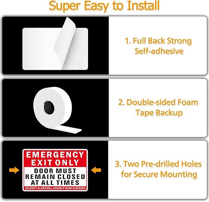 Emergency Exit Only Sign, (2 Pack) Self Adhesive Emergency Exit Sign Sticker for Door, Rust Free and Reflective Aluminum Metal Signs for Wall (9 x 6 inches, Red/White)