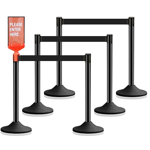 6 Pack Black Stanchions with Retractable Belts - Crowd Control Barriers, Heavy Duty Weighted Base for Events, Retail, Queue Lines