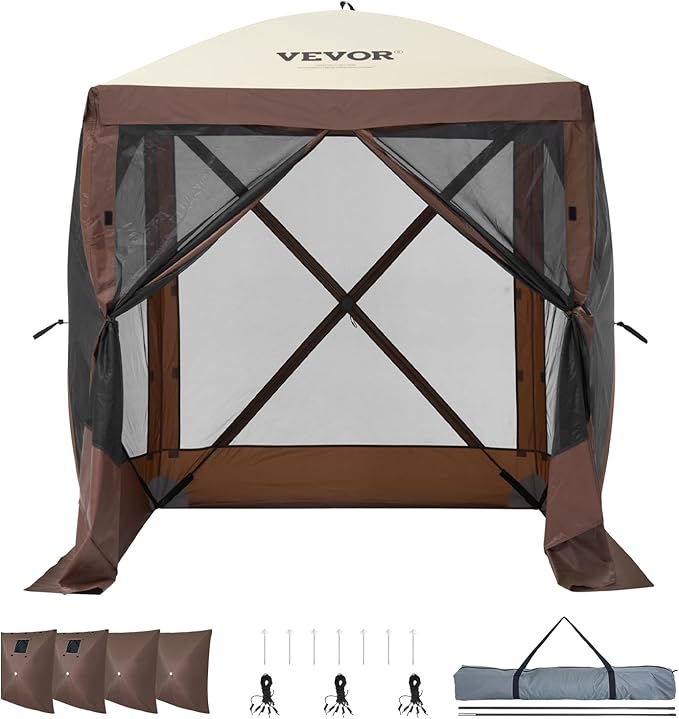 VEVOR Pop Up Gazebo Tent, Pop-Up Screen Tents 4 Sided Canopy Sun Shelter with 4 Removable Privacy Wind Cloths & Mesh Windows, 6x6FT Quick Set Screen Tent with Mosquito Netting, Brown