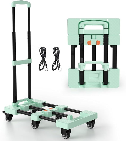 Folding Hand Truck 500lbs, Portable Heavy Duty Dolly Cart, 6 Wheels Collapsible Luggage Cart with 2 Elastic Ropes - Compact Trolley Cart for Easy Moving - Ideal Hand Cart for Travel and More