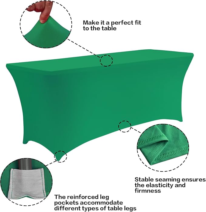 IVAPUPU 2 Pack 6FT Table Cloth for Rectangular Fitted Events Stretch Emerald Green Table Covers Washable Spandex Christmas Tablecloth Protector for Party, Wedding, Cocktail, Banquet, Festival