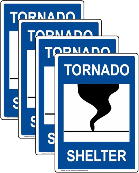 ComplianceSigns.com Tornado Shelter Label Decal, 5x3.5 in. 4-Pack Vinyl for Emergency Response
