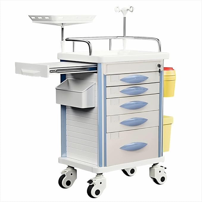 Emergency Crash Cart with Accessories IV Pole, Cardiac Board, O2 Holder, Mobile Cart, Trash Can, Drawer for Clinic,Nursing Center, 30" L x 19" W x 38" H (Grey)