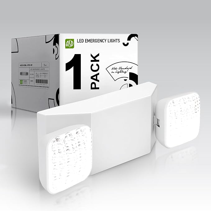 ASD LED Emergency Lights with Battery Backup - 120-277V UL 2.5W Two Square Head Adjustable for Business, Commercial Hardwired Damp Location Emergency Exit Power Outage Lights