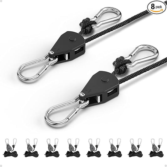 1/8" Adjustable Grow Light Hangers: 8 Pack Easy of Use Ratchet Ropes - Quick Hanging Accessories for Grow Tent