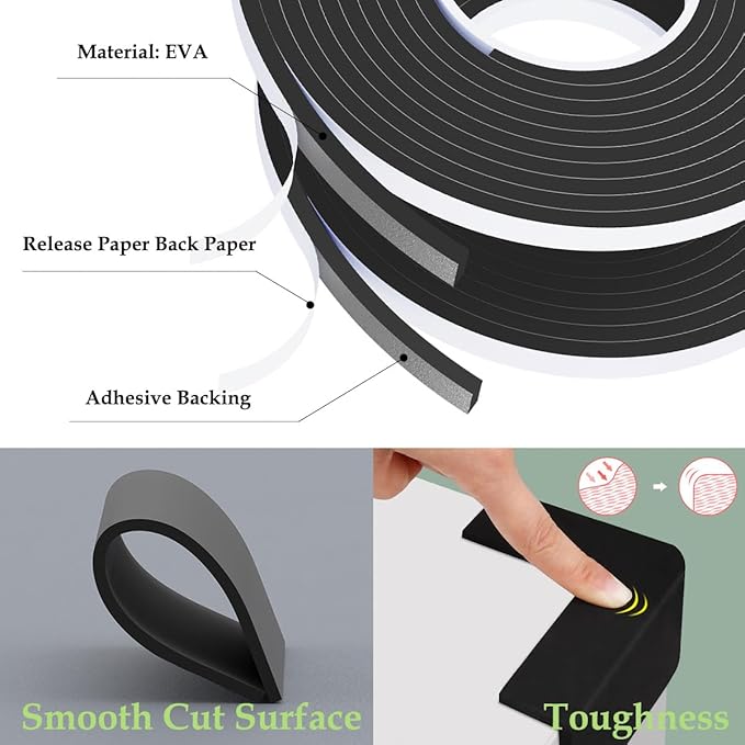 Weather Stripping Door Seal Black,Self Adhesive Foam Tape,Window Insulation Weatherproof Gasket Tape for Doors and Windows,1/2 Inch Wide X 1/4 Inch Thick,2 Rolls Total 32.8Ft