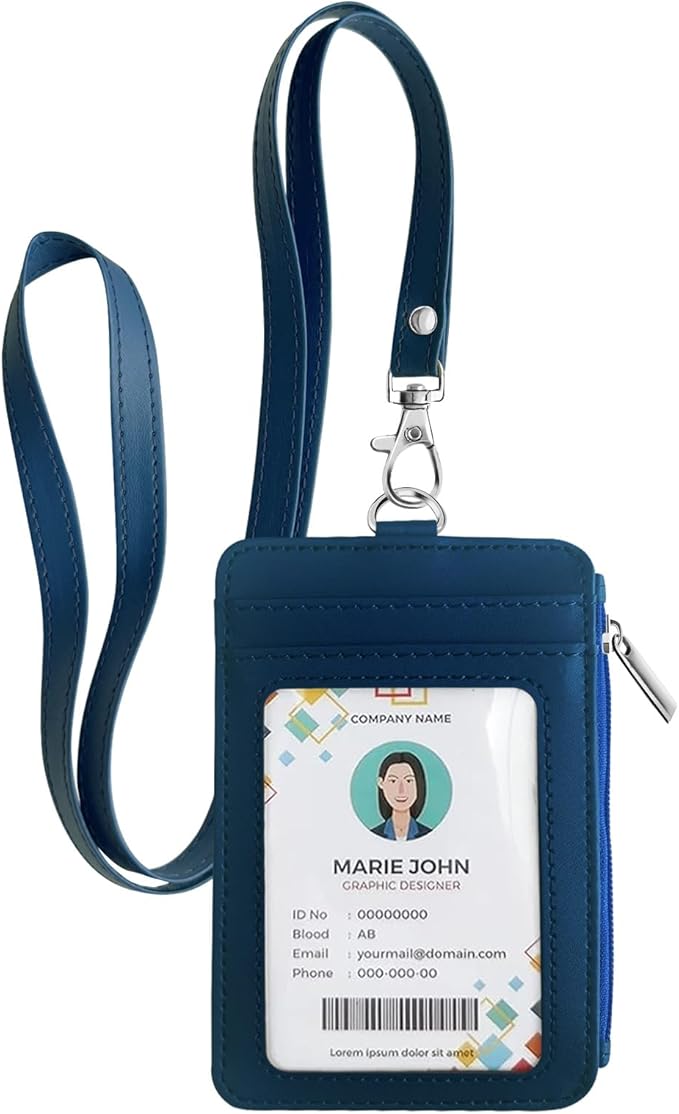bolimoss 2-in-1 ID Badge Holder & Lanyard Wallet, Leather ID Badge Card Holder Wallet with 5 Card Slots, 1 Side Zipper Pocket,Detachable Keychain Lanyards for Office Worker School Teacher, Navy Blue