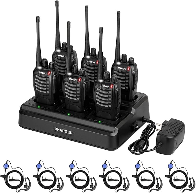 pxton walkie talkies for Adults Long Range with Upgraded Earpiece,radios walkie talkies Rechargeable Portable Two Way Radios with 6 Way Multi Gang Charger and Li-ion Battery (6 Pack)