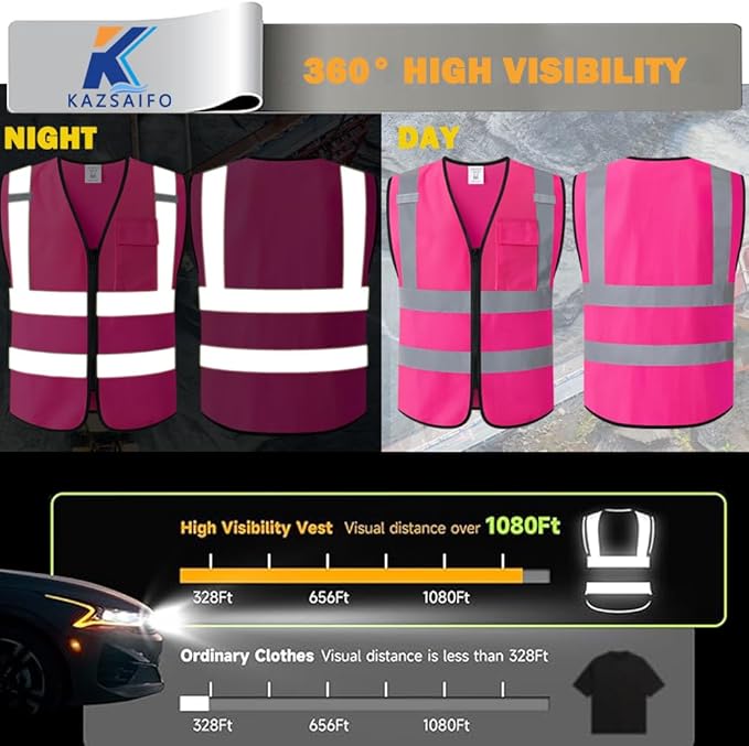 Safety Vest for Men Women with Chest Pocket,Mesh High Visibility Reflective Construction Work Vest,Meets ANSI/ISEA Standard (KZ179-Pink-L)