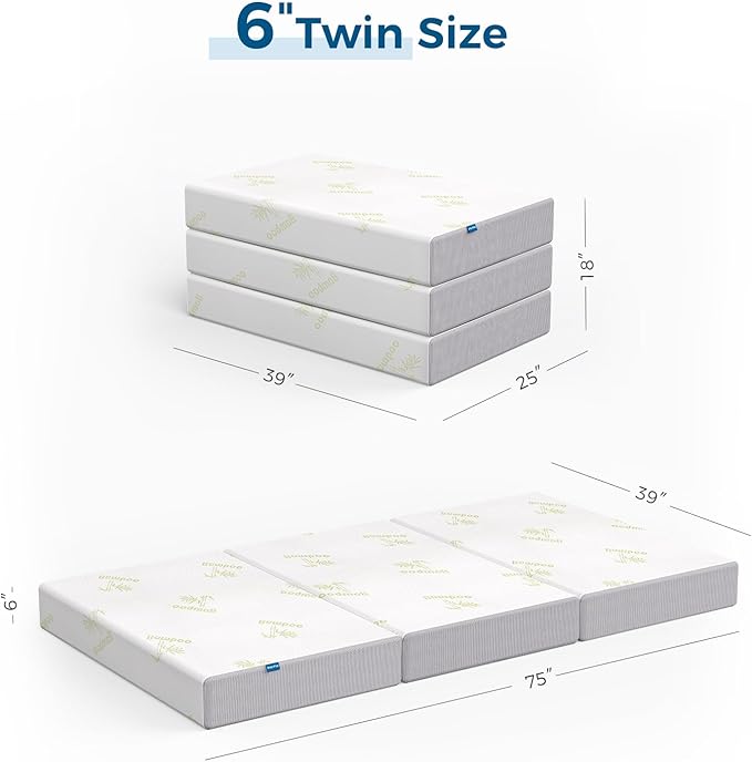 Inofia 6 Inch Folding Mattress, Memory Foam Tri-fold Mattress with Removable Cover, Foldable Floor Bed, Medium Firm, Twin Size (75" x 39" x 6")
