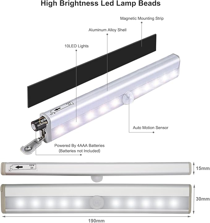 Motion Activated RV Step Lights, 10 LED Battery Operated Motorhome Motion Sensor led Light Strip, Magnetic Night Light Bar for Motorhome Travel,Travel Trailers, Camper (2 Pack)