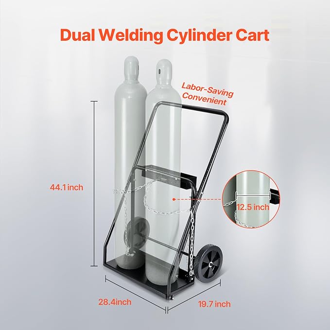 VEVOR Dual Welding Cylinder Cart, Oxygen Acetylene Tank Cart with 440LBS Static Weight Capacity, 10-Inch Solid Wheels and Tank Storage Safety Chains, Suitable for Double 12.5-Inch Dia. Gas Cylinders