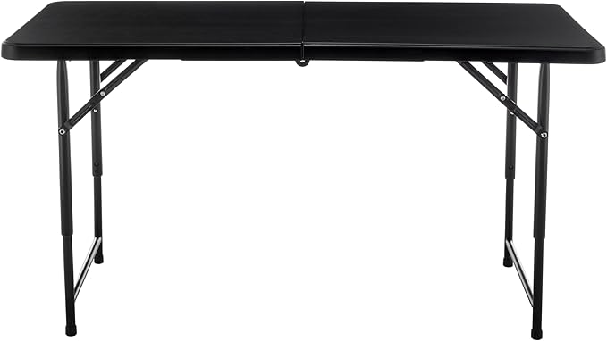 BTEXPERT Fold-in-Half Folding Utility Table 4 Feet Lightweight Height Adjustable Portable Carrying Handle Indoor Outdoor, Picnic Camping Office Home Party Convenient Easy to Clean Store & Care Black