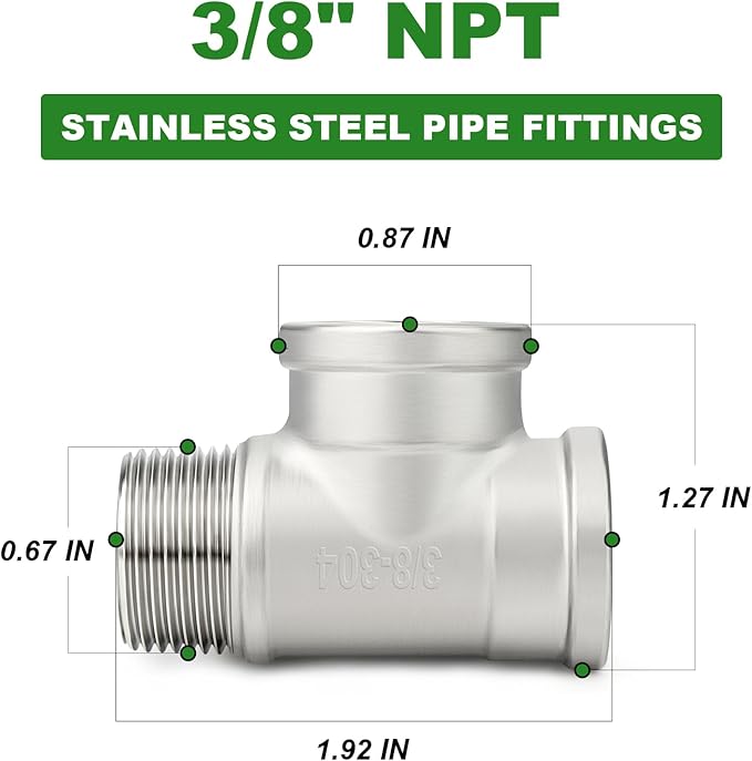 TAISHER 5PCS 304 Stainless Steel Tee Pipe Fittings, 3/8" NPT Female x 3/8" NPT Female x 3/8" NPT Male Pipe Fittings, Male Run Tee