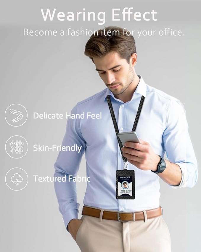 Carbon Fiber Work ID Card Holder with Lanyard is a Stylish and Durable Card Holder with Dual Card Capacity, Clear Display Window and Privacy Back Pocket (Black)