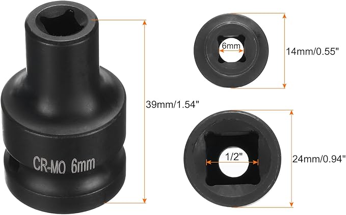 HARFINGTON 4 Point Square Socket 1/2" Drive 6mm Metric Square Impact Socket CR-MO Blackening Standard Wheel Sockets Pneumatic Socket Tool for Auto Repair Mechanical Maintenance Home Use