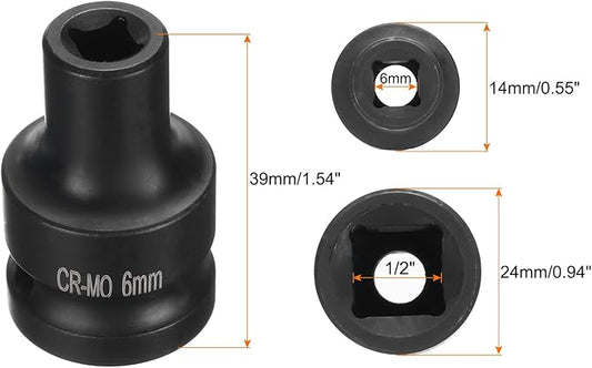HARFINGTON 4 Point Square Socket 1/2" Drive 6mm Metric Square Impact Socket CR-MO Blackening Standard Wheel Sockets Pneumatic Socket Tool for Auto Repair Mechanical Maintenance Home Use