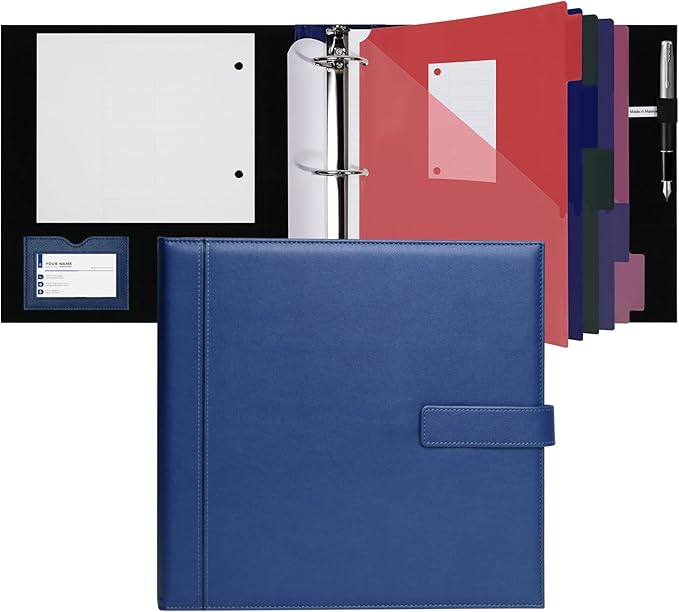 POPRUN PU Leather 1.5 Inch 3 Ring Binder, Professional Business Organizer- Includes PP Dividers, 100GSM / Grade AA Filler Papers, Card &Sticker for Tab- Ideal for Office Presentation Meetings, Blue