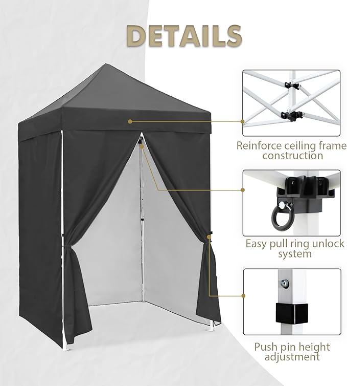 EAGLE PEAK 5x5 Instant Canopy with 4-Side Wall Panels, Small Pop up Portable Canopy Tent with Carry Bag, Light Weight Sun Shelter for Sports, Camping and Beach, Gray