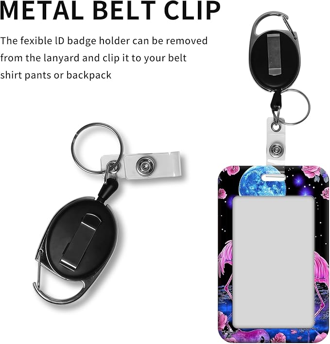 ID Badge Holder with Retractable Lanyard for Women & Men,Vertical ID Card Holder Wallet,Clear Window&Card Slot,Detachable Neck Strap for Nurse Teacher Office,Pink Flamingos