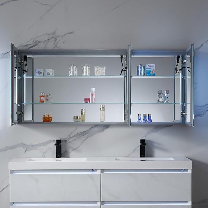 Blossom 60x26 LED Medicine Cabinet Mirror for Bathroom, Recessed/Surface Lighted Medicine Cabinet with Mirror, Anti-Fog, Dimmable 3 Color Makeup Mirror, Wall Mounted Storage