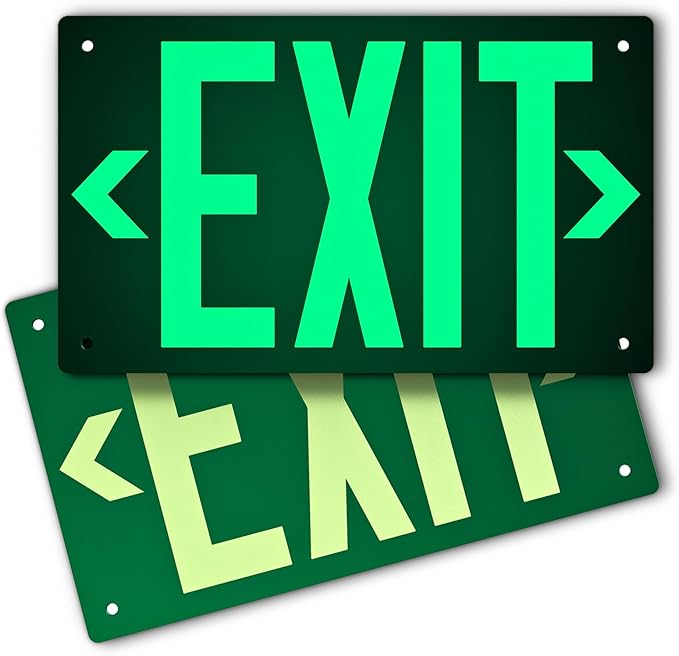 Photoluminescent Exit Sign Aluminum - Adhesive Backing Glow In The Dark - Removable Arrows Included - Pre-drilled Holes - 12x7 Inches - Non Electrical Green Exit Light For 50 Feet Visibility (2 Pack)