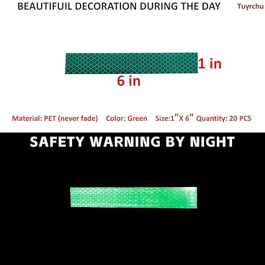 Non Fading Green Reflective Stickers 1 inch X 6 inch, Outdoor Waterproof High Visibility Warning Safety Adhesive Reflector Tape (20 Pcs)
