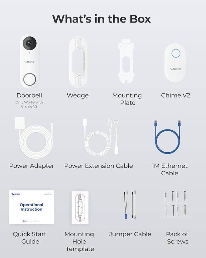 REOLINK 2K Video Doorbell Wi-Fi Camera with Chime, 3:4 Head-to-Toe View, 180°View, 5/2.4 GHz Wi-Fi, 2-Way Talk, Person/Package Detection, Waterproof, Smart Alerts, Works NVR(Wired)