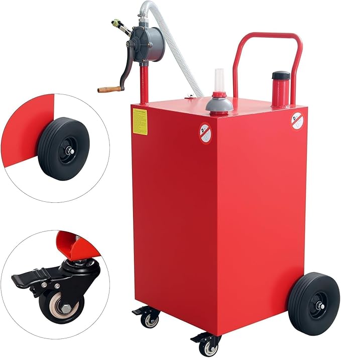 50 Gallon Fuel Caddy With Wheels - Heavy Duty Steel Gas Can With Hand Pump - Portable Fuel Transfer Tank for Gasoline, Diesel, Kerosene - Wide Mouth Design for Construction, Farm, ATV, Generator
