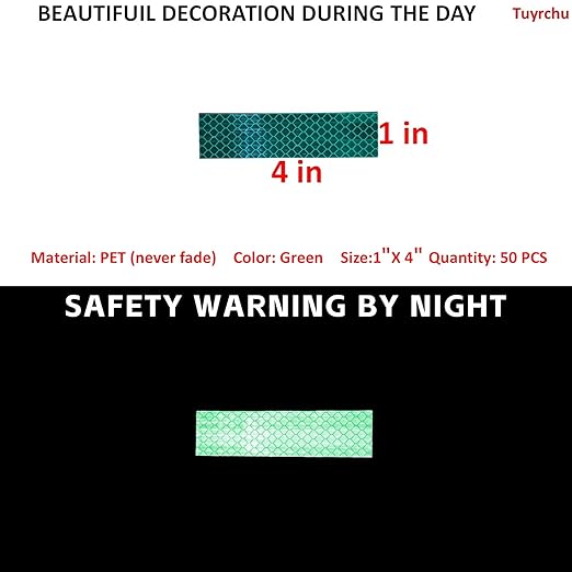 Non Fading Green Reflective Stickers 1 inch X 4 inch, Outdoor Waterproof High Visibility Warning Safety Adhesive Reflector Tape (50 Pcs)