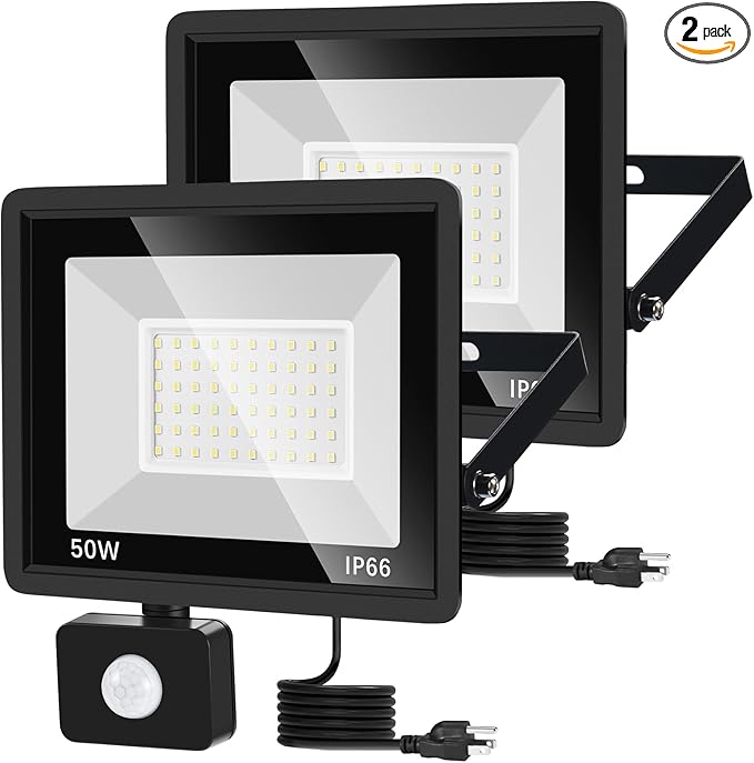 2 Pack 50W LED Motion Sensor Flood Light,LED Work Light with Plug,Super Bright IP66 Waterproof Floodlights Outdoor 5000K Daylight Dusk to Dawn 8800LM Security Light for Garage,Front Porch,barn