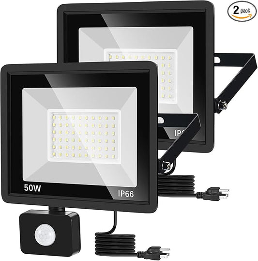 2 Pack 50W LED Motion Sensor Flood Light,LED Work Light with Plug,Super Bright IP66 Waterproof Floodlights Outdoor 5000K Daylight Dusk to Dawn 8800LM Security Light for Garage,Front Porch,barn